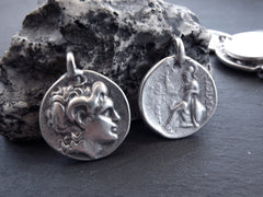 Alexander the Great Coin Pendant, Silver Greek Coin Medallion Pendant, Tetradrachm of Lysimachos, King of Thrace, Matte Silver Plated, 2pc