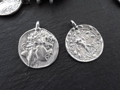 Silver Alexander Coin, Silver Greek Coin Pendant, Medallion Pendant, Tetradrachm of the Seleucid, King Alexander Balas, Matte Silver, 2pc