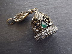 Green Rhinestone Bead Cap, Turkish Bead Cap, Tassel Cap, Rhinestone Bail, Round Cap, Bronze Tassel Cap, Cap Pendant, Tassel Head, 1PC