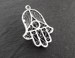 Black Onyx Stone Filigree Hand of Fatima Hamsa Pendant Charm, Silver charm, Boho Bohemian Ethnic Jewelry Antique Matte Silver Plated