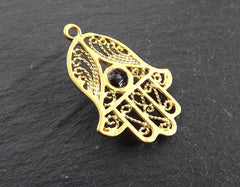 Black Onyx Stone Filigree Hand of Fatima Hamsa Pendant Charm, Gold charm, Boho Bohemian Ethnic Jewelry 22k Matte Gold Plated