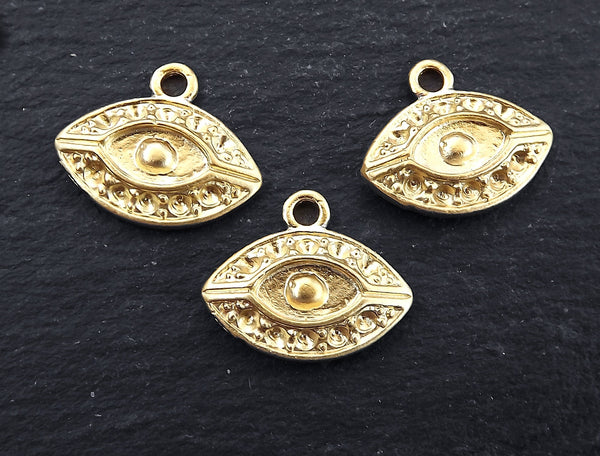 Evil Eye Charm, Gold Eye Pendant, Eye Of The Beholder, Talisman Jewelry, Evil Eye, Lucky Charm, Amulet, Protective, 22k Matte Gold 3pc