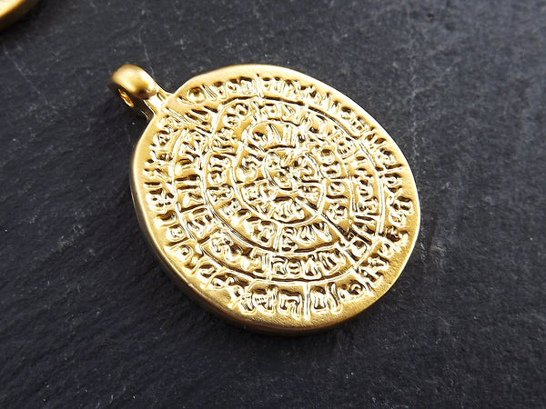 Greek Phaistos Disc Pendant, Phaistos Pendant, Greek Jewelry, Gold Phaistos Disc, Greek Mythology, Wearable Art, 22k Matte Gold Plated