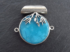 Blue Jade Stone Pendant, Cyan Blue Connector, Tulip, Flower Pendant, Focal Pendant, Statement Pendant, Matte Antique Silver Plated, 1pc