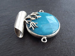 Blue Jade Stone Pendant, Cyan Blue Connector, Tulip, Flower Pendant, Focal Pendant, Statement Pendant, Matte Antique Silver Plated, 1pc