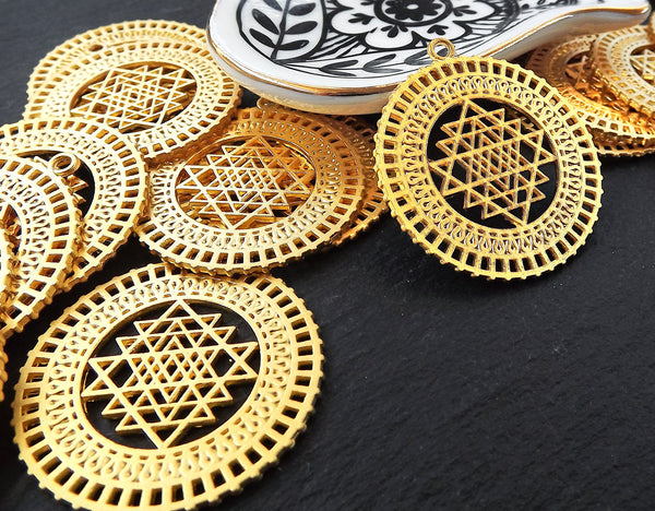 Sri Yantra pendant, Sacred Geometry Pendant, Mandala Necklace Pendant, Round Gold Pendant, Ethnic Pendant, Yoga, 22k Matte Gold Plated 2pc