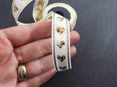 Gold Heart Ribbon, Cream Ribbon, 16mm, Jacquard trim, Sewing, Jacquard Ribbon, Golden ribbon, Embroidered, 25 meter Roll or 27.34 Yards