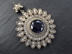 Blue Pave Rhinestone Crystal Pendant, Round Flower Pendant, Round Blue Crystal, Necklace Pendant, Turkish Jewelry, Antique Bronze, 1pc