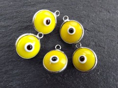 Yellow Evil Eye Charms with Silver bezel, Glass Eye Pendant, Bright Yellow, Nazar, Lucky, Protective, Artisan, Silver Plated Brass Bezel 5pc