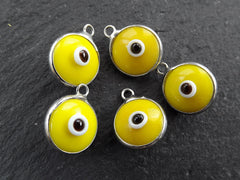 Yellow Evil Eye Charms with Silver bezel, Glass Eye Pendant, Bright Yellow, Nazar, Lucky, Protective, Artisan, Silver Plated Brass Bezel 5pc