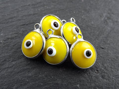 Yellow Evil Eye Charms with Silver bezel, Glass Eye Pendant, Bright Yellow, Nazar, Lucky, Protective, Artisan, Silver Plated Brass Bezel 5pc