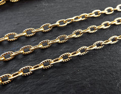 Fancy Gold Cable Chain, Etched Line Textured Pattern, 5 x 3mm Oval links, Crimped Chain, Non Tarnish Chain, 22k Matte Gold Plated, 1 Meter