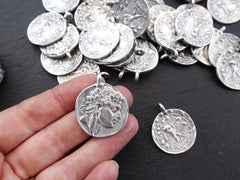 Silver Alexander Coin, Silver Greek Coin Pendant, Medallion Pendant, Tetradrachm of the Seleucid, King Alexander Balas, Matte Silver, 2pc