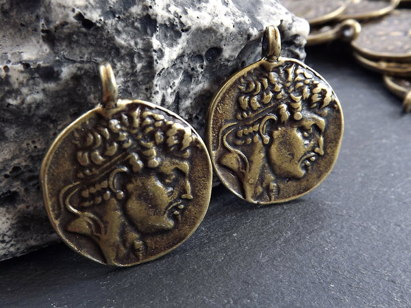 Bronze Alexander Coin, Bronze Greek Coin Pendant, Medallion Pendant, Tetradrachm of the Seleucid, King Alexander Balas, Antique Bronze, 2pc