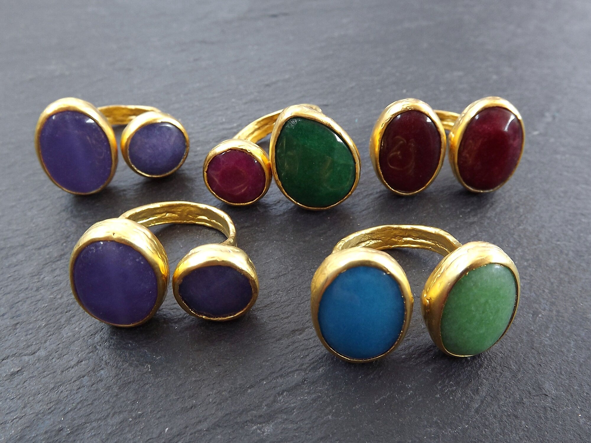 Wholesale Rings, Mix Jade Stone Double Rings Loops, Faceted Jade gemstones, Hammered Multicolor Turkish 22k Gold plated Bezel - LOT 9 5pcs