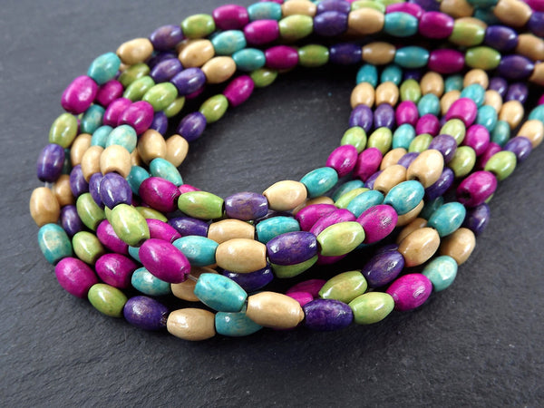 Pastel Rainbow Wood Beads, Oval Rice Beads, Mixed Colorful Wooden Beads, Multicolor, Purple Pink Tube Spacers, 8mm, 2x 16 Strands, Mix1