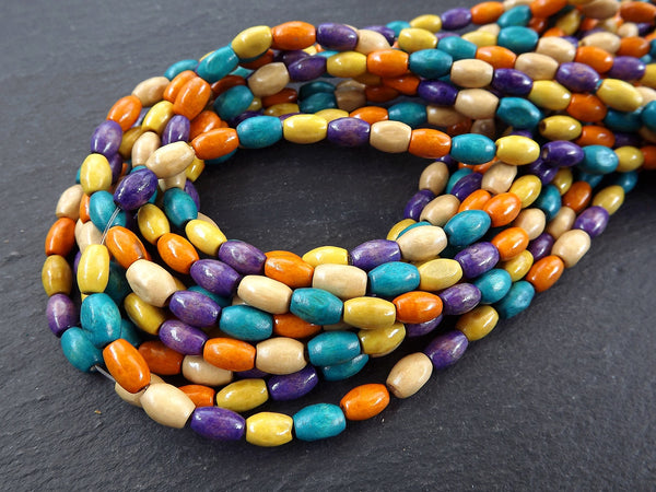Pastel Rainbow Wood Beads, Oval Rice Beads, Mixed Colorful Wooden Beads, Multicolor, Orange Purple Tube Spacers, 8mm, 2x 16 Strands, Mix1