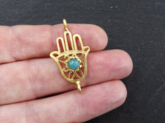 Gold Hamsa Hand Charm Connector with Aqua Blue Jade Stone Accent, Hand of Fatima, Gemstone Hamsa, 22K Matte Gold Plated