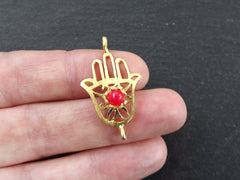 Gold Hamsa Hand Charm Connector with Grapefruit Pink Jade Stone Accent, Hand of Fatima, Gemstone Hamsa, 22K Matte Gold Plated