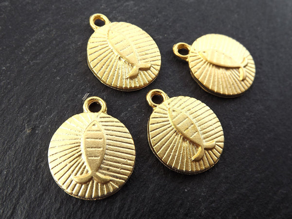 Gold Fish Charms, Greek Fish charms, Mykonos Fish Pendant, Rustic Cast Round Charms, Metal Fish Bead, 22k Matte Gold Plated