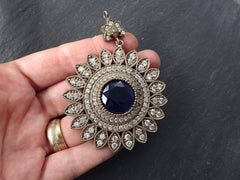 Blue Pave Rhinestone Crystal Pendant, Round Flower Pendant, Round Blue Crystal, Necklace Pendant, Turkish Jewelry, Antique Bronze, 1pc