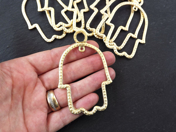 Gold Hamsa Pendant, Hand of Fatima Dotted Fretwork Pendant, Gold Hand Loop Pendant, Lucky, Protective,  22k Matte Gold plated, 1pc