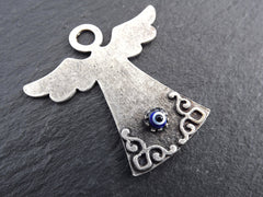 Evil Eye Angel Pendant Charm, Lucky Charm, Protective, Amulet, Good Luck, Protect, Blue Evil Eye, Artisan Glass Bead, Matte Silver Plated