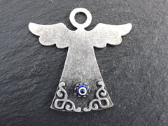 Evil Eye Angel Pendant Charm, Lucky Charm, Protective, Amulet, Good Luck, Protect, Blue Evil Eye, Artisan Glass Bead, Matte Silver Plated