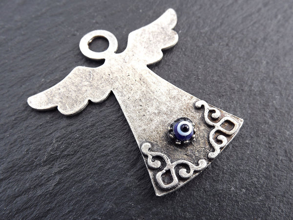 Evil Eye Angel Pendant Charm, Lucky Charm, Protective, Amulet, Good Luck, Protect, Blue Evil Eye, Artisan Glass Bead, Matte Silver Plated