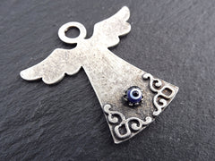 Evil Eye Angel Pendant Charm, Lucky Charm, Protective, Amulet, Good Luck, Protect, Blue Evil Eye, Artisan Glass Bead, Matte Silver Plated