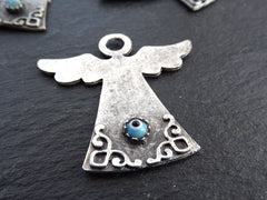 Evil Eye Angel Pendant Charm, Lucky Charm, Protective, Amulet, Good Luck, Protect, Pale Blue Evil Eye, Artisan Glass Bead, Matte Silver