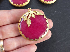 Pink Stone Pendant with Gold Leaf Serrated Bezel, Violet Pink Jade, Faceted Gemstone Pendant, 36mm, 22k Matte Gold Plated, 1pc