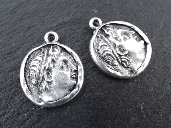 Silver Greek Coin Pendants Charms, Demetrios Poliorketes, King of Macedonia, Poseidon Coin, Replica Coin, Bohemian, Antique Silver, 2pc