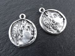 Silver Greek Coin Pendants Charms, Demetrios Poliorketes, King of Macedonia, Poseidon Coin, Replica Coin, Bohemian, Antique Silver, 2pc