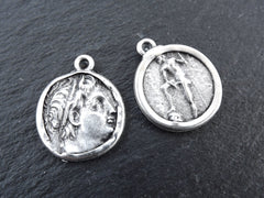 Silver Greek Coin Pendants Charms, Demetrios Poliorketes, King of Macedonia, Poseidon Coin, Replica Coin, Bohemian, Antique Silver, 2pc