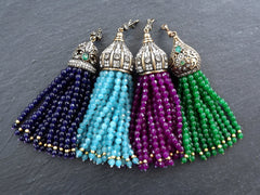 Purple Beaded Tassel Gemstone Facet Cut Jade Beads, Antique Bronze Rhinestone Paved Tassel Cap with Bail, 1PC