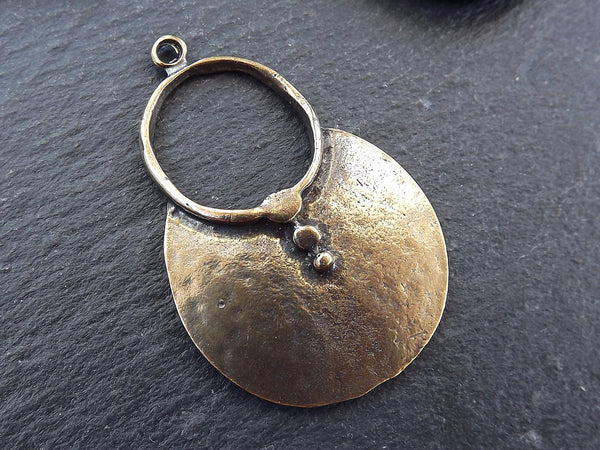 Bronze Tribal Loop Pendant, Hammered Ethnic Disc Pendant, Statement Pendant, Artisan Jewelry, Antique Bronze Plated, 1pc