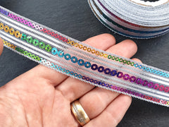 Rainbow Sequin Ribbon Trim, Glitter Ribbon, Packaging, Sewing, Craft, Scrap booking, Jewelry, Costume Trim, Choose 1 meter or 9 meter Roll