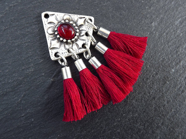 Red Chandelier Tassel Earring Findings, Etched Drop Pendants with Red Glass Accent, Tassel Earring Pendant, Antique Matte Silver Plated, 2pc