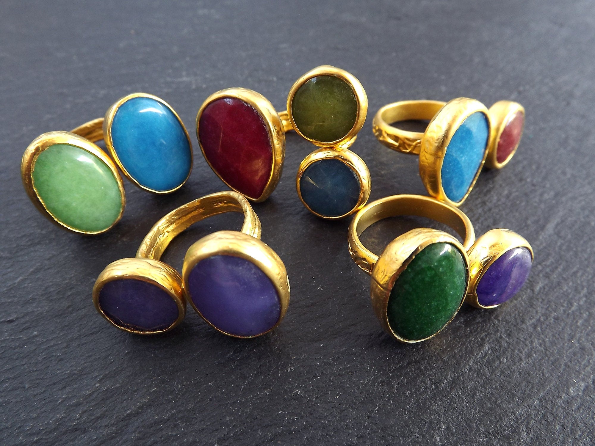 Wholesale Rings, Mix Jade Stone Double Rings Loops, Faceted Jade gemstones, Hammered Multicolor Turkish 22k Gold plated Bezel - LOT 1 - 5pcs