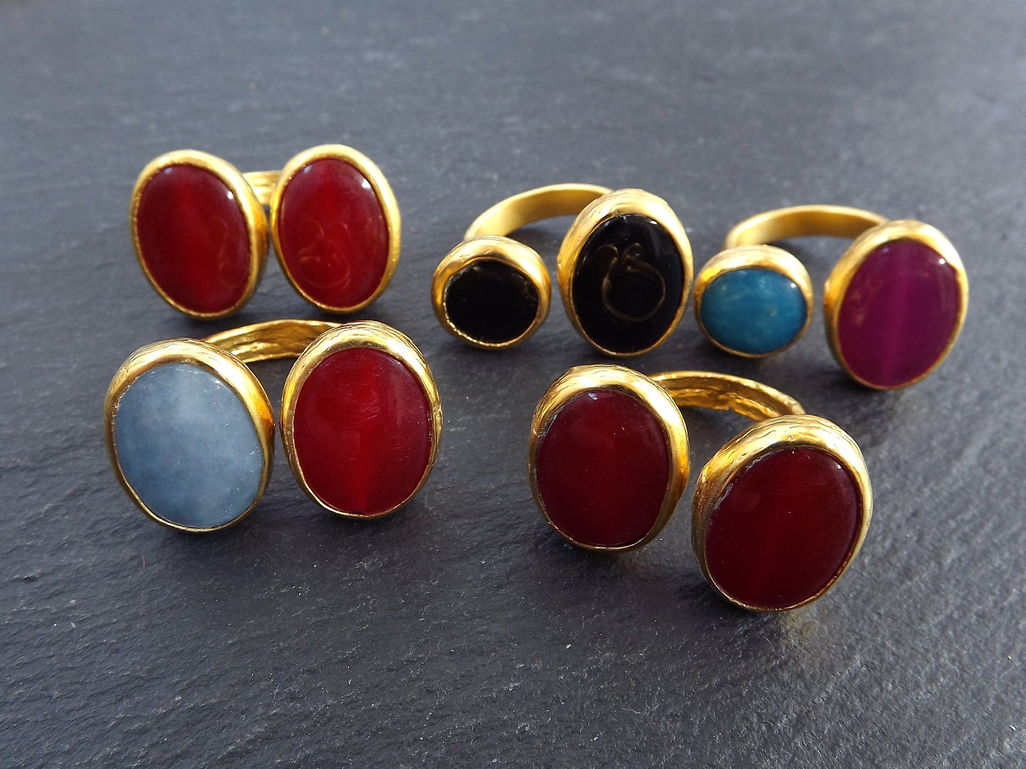 Wholesale Rings, Mix Jade Stone Double Rings Loops, Faceted Jade gemstones, Hammered Multicolor Turkish 22k Gold plated Bezel - LOT 2 - 5pcs