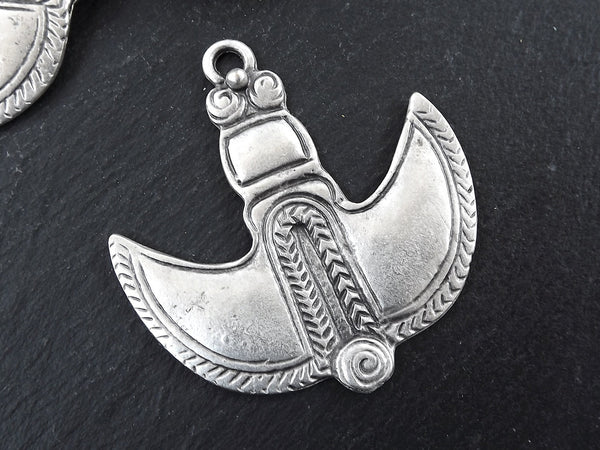 Silver Half Moon Tuareg Shield Pendant, Ethnic African Tribal Pendant, Scoop Shape, Nomadic Pendant, Matte Antique Silver Plated - 1PC