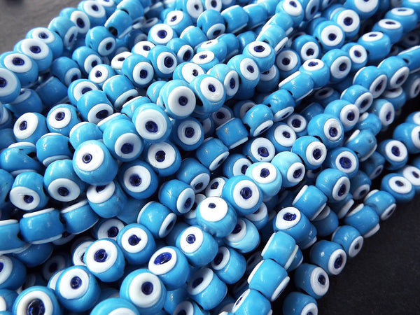 Sky Blue Evil Eye Beads, Mini Blue Artisan Glass Nazar Beads, Handmade Amulet Beads, Good Luck Beads, Greek Evil Eye, Turkish Beads, 9 x 7mm
