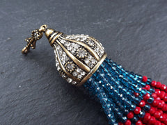 Blue Red Beaded Tassel Pendant, Green Facet Cut Rondelle Crystal Beads, Antique Bronze Rhinestone Paved Tassel Cap with Bail, 1PC