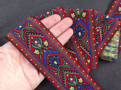 Floral Folk Art Ribbon, Red Blue Thick Embroidered Ribbon, Jacquard Trim, Costume Trim, 50mm Wide, Choose between 1 meter to 10 meters