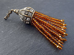 Orange Beaded Tassel, Orange Quartz Gemstone Tassel Pendant, Antique Bronze Rhinestone Paved Tassel Cap with Bail, Turkish Jewelry, 1pc