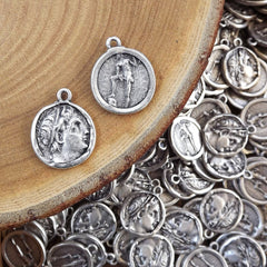 Silver Greek Coin Pendants Charms, Demetrios Poliorketes, King of Macedonia, Poseidon Coin, Replica Coin, Bohemian, Antique Silver, 2pc