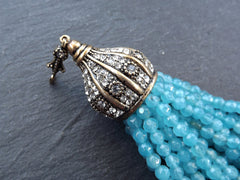 Blue Aqua Beaded Tassel Pendant, Gemstone Facet Cut Jade Beads, Antique Bronze Rhinestone Paved Tassel Cap with Bail, 1PC