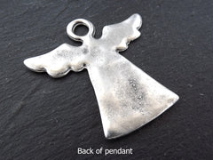 Silver Angel Pendant, Folk Guardian Angel Charm, Angel Ornament, Craft and Jewelry Supplies, Matte Antique Silver Plated, 1pc