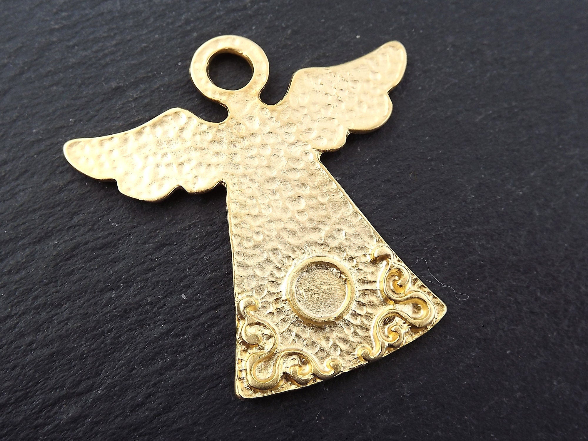 Gold Angel Pendant, Folk Guardian Angel Charm, Angel Ornament, Craft and Jewelry Supplies, 22k Matte GoldPlated, 1pc